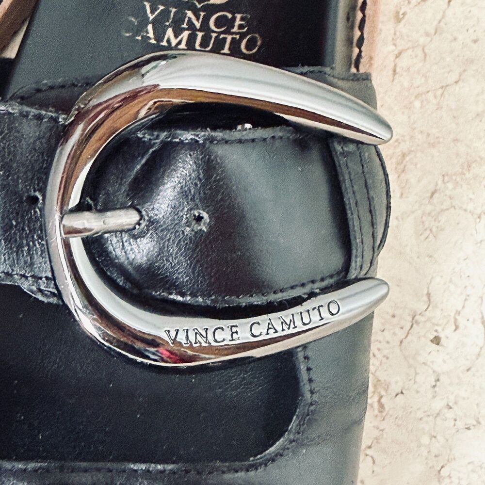 Vince Camuto Kennedys Sandals 9.5 Black Leather Shoes Chunky Chain Detail - Picture 4 of 8